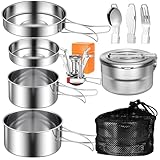 Camping Kochgeschirr Edelstahl Topfset, 10-teiliges Camping Kochgeschirr Set mit Camping Kochtopf Outdoor und Pfanne Set, 1.5L Camping Topf, Besteck und Kocher für Camping, Wandern und Picknick