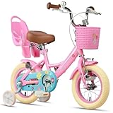Glerc Maggie 14 Zoll Kinderfahrrad Alter 2 3 4 5 6 7 Jahre alt Mädchen Fahrrad Prinzessin Stil mit Puppen-Sitz & Korb & Stützräder & Glocke für Geburtstag, Rosa