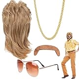 Vokuhila Perücke Herren, 4er Set Herren Perücke 80er 90er Jahre Outfit Accessoires, Herren Blond Perücken Sonnenbrille Halskette Bart, für Fasching Cosplay Halloween Kostümfeste