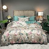 EDDGE Blätter-Bettbezug-Set, 4-teilig, langstapelige Baumwolle, Blumen-Bettwäsche-Set, wendbar, 1 Bettdeckenbezug, 1 Bettlaken, 2 Kissenbezüge (Color : A, Size : Queen Size 4Pcs)