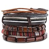Yolev 5 Stück Lederarmband Herren Wickelarmbänder für Männer Frauen Hanfseil Holzperlen Ethnisches Tribal Armband Goth Bracelet Men Geflochten Breites Armbänder Set Herrenarmbänder