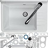 GOSPO Ausgussbecken aus Polypropylen, 50,4 x 34 x 26,5 cm, Spülbecken mit Siphon und Montageset, Waschbecken, Waschtrog, Haushaltsspülbecken (Weiß)