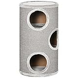 PawHut Kratztonne, Höhe 70 cm, Spieltonne für Katzen, 3 Ebenen, Katzenkratzbaum mit 3 Höhlen, Katzenbaum, Kratzturm aus Sisal, Katzenmöbel, Plüsch, Hellgrau