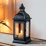 TRIROCKS Metall-Kerzenlaterne Rustikaler Stil 33cm Hohe Dekorative Außenlaterne Kerzenhalter Mit Gehärtetem Glas Für Thanksgiving Garten Terrasse Partys Drinnen Draußen (Schwarz)
