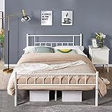 Yaheetech Metallbett 140 x 200 cm Bettrahmen mit Hohem Kopfteil, Einzelbett Bettgestell mit Lattenrost, Jugendbett mit Industriestil Gästebett Industriebett für Schlafzimmer Gästezimmer, Weiß