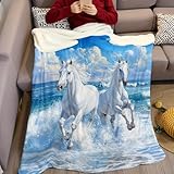 200 x 220 cm Kuscheldecke Zwei weiße Pferde am Strand Flauschig 3D Druck Wohndecke Flanelldecke Weiche Warme Sofadecke Reisedecke für Jungen Mädchen Schlafzimmer Wohnzimmer