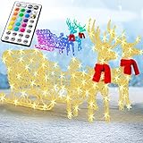 KESSER® 240er LED Rentiere mit Schlitten Mit Fernbedienung 30 Funktion, weiß/Bunt, Inkl. 2X Dekoschal, Timer 24H, Weihnachtsbeleuchtung für außen und innen Weihnachtsfigur Weihnachtsdekoration
