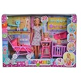 Simba 105736350 - Steffi Love Baby World Puppe, mit 3 Babys, Bett, Kinderwagen, Hochstuhl, Babyschale und viel Zubehör, 29cm, ab 3 Jahre, Hell