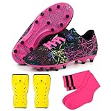 JABASIC Kinder Fussballschuhe Jungen Mädchen mit Schienbeinschonern und Fußballsocken (26EU,Black Fuchsia)