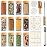 Praknu Gewürzgläser Eckig mit FSC® Bambusdeckel - 12er Set - Mit Streueinsatz - Spice Jars 120ml - Gewürzbehälter Rund - Inkl. Etiketten zum Beschriften, Reinigungsbürste & Holzlöffel