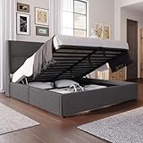 Polsterbett Doppelbett,140x200cm,mit Verstellbare Kopfstützen,Hydraulisches Bettgestell mit Stauraum,Leinenmaterial Bett mit Metall Lattenrost,Grau(Ohne Matratze)