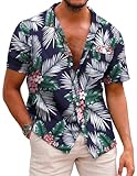 COOFANDY Herrenhemden Kurzarm Herren Hawaii Hemd Baumwolle Strandhemd Sommer Hemd Regular Fit Bügelfrei Button Down Kurzarm Hawaii Shirt B-Palmblätter L
