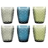 Hanseküche Trinkgläser Set 6x 250 ml, 8 x 10 cm, Gläser Bunt Groß, Wassergläser Saftgläser Drinkgläser Küchengläser bunt, spülmaschinenfest Glas Wasserglas, Trinkglas, geriffelt,Muster (GrünBlauGrau)
