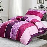KACEMOO Bettwäsche 135x200 Baumwolle, Bettwäsche-Sets Oeko-TEX Bedding mit Reißverschluss Bettbezüge Atmungsaktiv & kuschelig, Bettbezug 135x200 + Kissenbezug 80x80, Lila Blumen Streifen 120 g/m²
