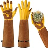 Leder Gartenhandschuhe für Damen und Herren - Dornenfeste Handschuhe mit extra langer Stulpe und verstärkten Handflächen und Fingerspitzen (L)