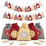 Adventi® Adventskalender zum Befüllen [24 Stück] Weihnachtskalender 2024 Jutesäckchen 15 x 12cm Groß, Weihnachtsdeko Tüten/Säckchen, Geschenktüten Weihnachten mit individuellen Designs (Rot)