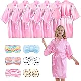 LYCN 12 Stück Mädchen Morgenmantel, Kinder Kimono Bademantel aus Seidensatin mit 6 Schleifen-Stirnbändern Spa Party Set für Partyzubehör, Hochzeitsgeschenke, Brautp