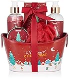 BRUBAKER Cosmetics Bade- und Dusch Set Winter Beeren Duft - 6-teiliges Geschenkset in dekorativer Metallwanne Weihnachten - Weihnachtsset für Frauen und Männer