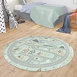 TT Home Teppich Kinderzimmer Kinderteppich Babymatte Straßen Motiv Tiere Wald Haus Junge, Farbe:Türkis, Größe:Ø 150 cm Rund