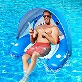 Luftmatratze Pool, Schwimmsessel mit abnehmbarem Baldachin & Cup-Halter, Pool Matratze Luftmatratze Pool Poolsessel für Erwachsene(Shark)