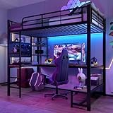 Etagenbett Hochbett 90x200 cm mit LED Leiste&USB Steckdose, Kinderbett Metallbett mit Schreibtisch&&mehrere Regalen&Lochbrett, Einzelbett Bettgestell mit Rausfallschutz&Leiter, Ohne Matratze, Schwarz