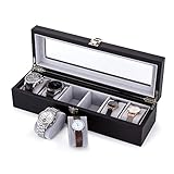Mondeer Uhrenbox, Uhrenkasten für 6 Uhren mit Glasfenster, 34.5 x 11 x 8.5cm, Kunstleder und Samt-Innenfutter Watch Box mit Silbernem Metallverschluss, Schwarz