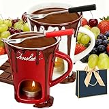 NNBWLMAEE Schokoladenfondue Tasse, Fondue Tasse mit Teelicht und Gabel, Keramik Schoko Fondue Tassen, Tasse mit Teelicht Schokolade, für Käse, Schokolade, Butter und Karamell (White+red)