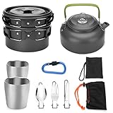 Odoland Geschirr-Set für 1-2 Personen, Kochset mit tragbarem Aluminiumtopf Teekessel Tassen faltbares Besteck, für Camping Outdoor Picknick Wandern