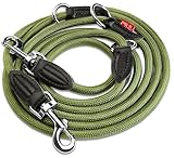 PetPatron® Hundeleine 3m verstellbar (1,5-3 m) Stilechte Führleine aus Nylon mit Lederelementen als Umhängeleine, Doppelleine & Hundeleine große Hunde mit der Zugkraft von 200 kg Grün
