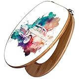 banjado Design WC Sitz Bambus 45x37,5cm - Toilettendeckel - Toilettensitz Bambus - hochwertiger Klodeckel - WC-Sitz Universal für alle gängigen Toiletten - Motiv Retro-Auto Aquarell