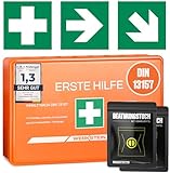 Erste Hilfe Kasten DIN 13157 Small - Inkl. Beatmungstuch (2x), praktischer Wandhalterung, 3x Aufkleber, Gesichtsmasken & Feuchttücher - Verbandskasten DIN 13157 für Betriebe, Einrichtungen & Zuhause