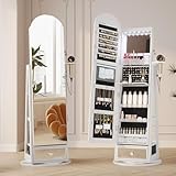 LVSOMT LED Bogen Schmuckschrank mit Spiegel, 360° Drehbar Standspiegel mit Schmuckschränke, Abschließbar Schmuckspiegelschrank mit Beleuchtung, Schmuckschrank Stehend Holz mit 3 Stufiges Regal, Weiß