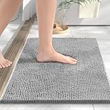 HITSLAM Chenille Badezimmerteppich, 40x60cm Badematte rutschfest, Super Saugfähige Badematten & Badteppiche, Badteppich Waschbar, Badezimmermatte für Dusche und Badewanne, Hellgrau