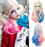 Quinn Perücke Damen,Lang Cosplay Perücke,Bösewicht Perücke,Filmheldin Cosplay Perücke,Blond Blau Rosa Perücken für Karneval Halloween Fasching Kostüme Party