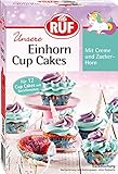 RUF Einhorn Cupcakes, Backmischung für kleine Törtchen mit bunter Tortencreme und weißem Fondant für ein Zuckerhorn, mit 12 Einhörner-Förmchen, 1x365g