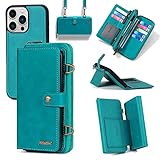 Soyeacrg Brieftaschen Hülle für iPhone 12/12Pro/12ProMax,Abnehmbare 3-in-1-Magnethülle,PU Leder mit Kartenhalter,Multifunktionaler Flip Strap Reißverschluss Kartenhalter Crossbody,Green,12ProMax