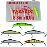 Paradox Fishing Wobbler Set I 5 Stück 8,0g 8,8cm mit Box I Hecht Köder Zander Köder Barsch Köder
