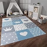 Paco Home Teppich Kinderzimmer Kinderteppich Spielteppich Kurzflor rutschfest Krone Herzen Punkte Sonne Regenbogen Buchstaben, Grösse:140x200 cm, Farbe:Blau
