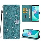 SEHEYA Handyhülle für Huawei P10 Lite Glitzernd Strass Klapphülle Blume Geprägt Premium PU Leder Hülle Kristall Magnetische Schnalle Ständer Kartenfächer Schutzhülle, Cyan
