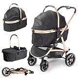 DAISTERN Hundebuggy klappbar bis 25KG, Leichter Alu-Rahmen, 360°schwenkbares EVA-Vorderrad mit Stoßdämpfer & Feststellbremse, 4-in-1 Hundewagen für Waldspaziergang, Stadtbummel & Tierarztbesuch