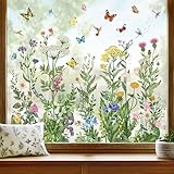 wondever Fenstersticker Sommer Wildblumen Fenster Aufkleber Vintage Blumen Gras Schmetterling Frühling Fensterbilder Fensteraufkleber Anti-Kollision Doppelseitig Glasaufkleber Glas Deko