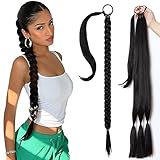 Braid Extensions Ponytail Extension, Zopf Extension mit Haargummi, Kunsthaar Zum Einflechten Lang Ponytail, Haarteil für Frauen Haare Zum Einflechten Pferdeschwanz Haarteil, 31.5zoll/ 80cm(Schwarz)