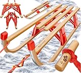 KESSER® Holzschlitten 110 cm Davoser Rodel Faltbar & Klappbar, Kinderschlitten; Premium Holz-Schlitten aus Buchenholz, Klappschlitten, Metall Kufen, Optional mit Lehne, Geschenk, Buche/Rot