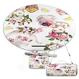 JiuPopular Picknickmatte, Kuchen- und Teekanne, Blumenmuster, runde Picknickdecke, Outdoor-Teppiche, 149 cm x 148 cm