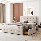 LBF UG Polsterbett 140 x 200cm,Doppelbett mit 4 Schublade, Lattenrost und verstellbare Kopfteil,Samtstoff Bett für Jugendliche, Erwachsene (ohne Matratze), Beige