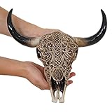 Mendler Deko Schädel 31cm HWC-C15, Polyresin Stier Bulle Longhorn Kopf Trophäe mit Tribal, In-/Outdoor