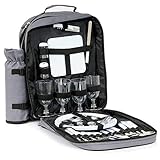 CampFeuer Picknick Rucksack für 4 Personen | Grau | Picknickset 31-teilig | inkl. Flaschenhalter, großem Kühlfach, Geschirr und Besteck