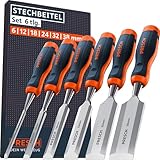 Presch Stechbeitel Set für Holz 6tlg. - Fertig geschliffene Stemmeisen (6, 12, 18, 24, 32, 38mm) - Profi Stecheisen mit 25° Keilwinkel mit robuster Metallschlagkappe