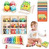 LZDMY 5-in-1 Holzspielzeug ab 1 Jahr, Baby Montessori Spielzeug Set für 12-24 Monate Jungen Mädchen, Motorikspielzeug Sortierspiel Angelspiel Xylophone Fahrzeug Kinder Geschenk