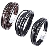 WUSANNA Lederarmband Herren,3 Stück Armband Herren Leder,Herren Lederarmband,Armband Leder Herren Männer Personalisiertes Armband,Geflochten Echtleder Breites Wickelarmband Geschenk für Männer